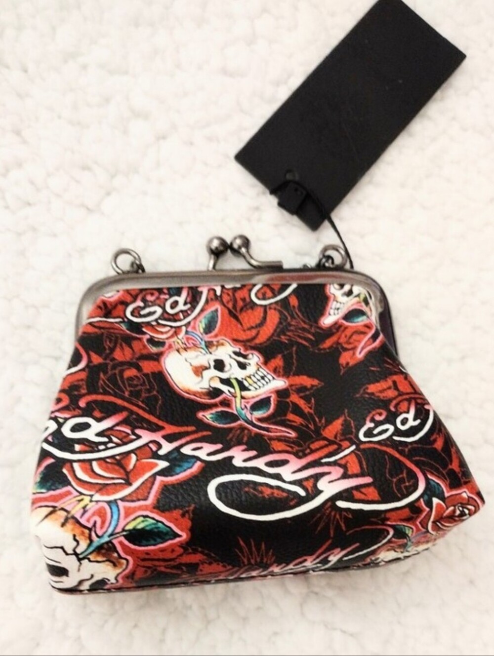 Ed Hardy Black and Red Skull & Rose Kiss-Lock Coin Purse